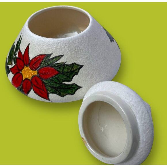 Vintage Mid Century Atomic Poinsettia Christmas Candy Dish Lidded Hand Painted - Picture 4 of 6